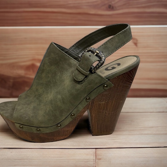 G by Guess Hammered Green Open Toe Slingback Buckle Platform Sandals Heel 10 - Picture 10 of 10